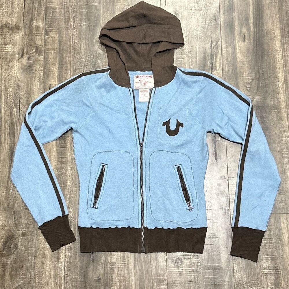 True Religion Women's Blue Zip-Up Hoodie Jacket Size S Casual